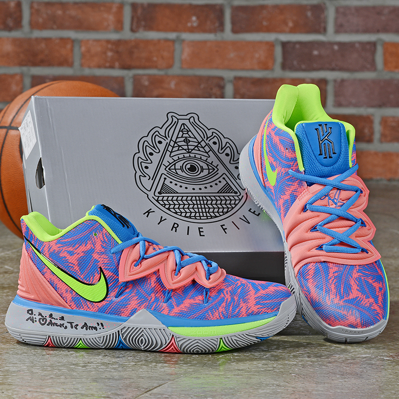2019 Men Nike Kyrie Irving 5 Pink Blue Green Grey Shoes - Click Image to Close